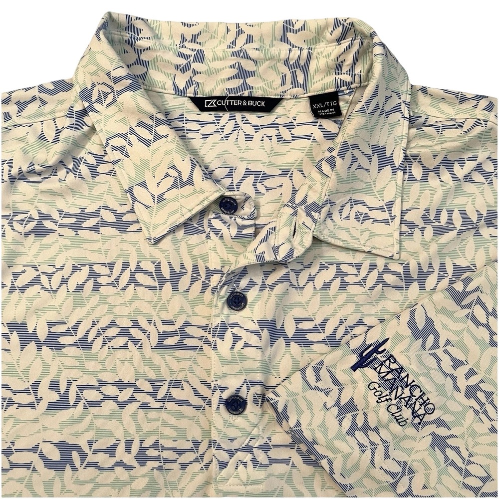 Cutter & Buck Men's White Blue Green Leaf Print Golf Polo Shirt XXL‎ Sleeve LOGO